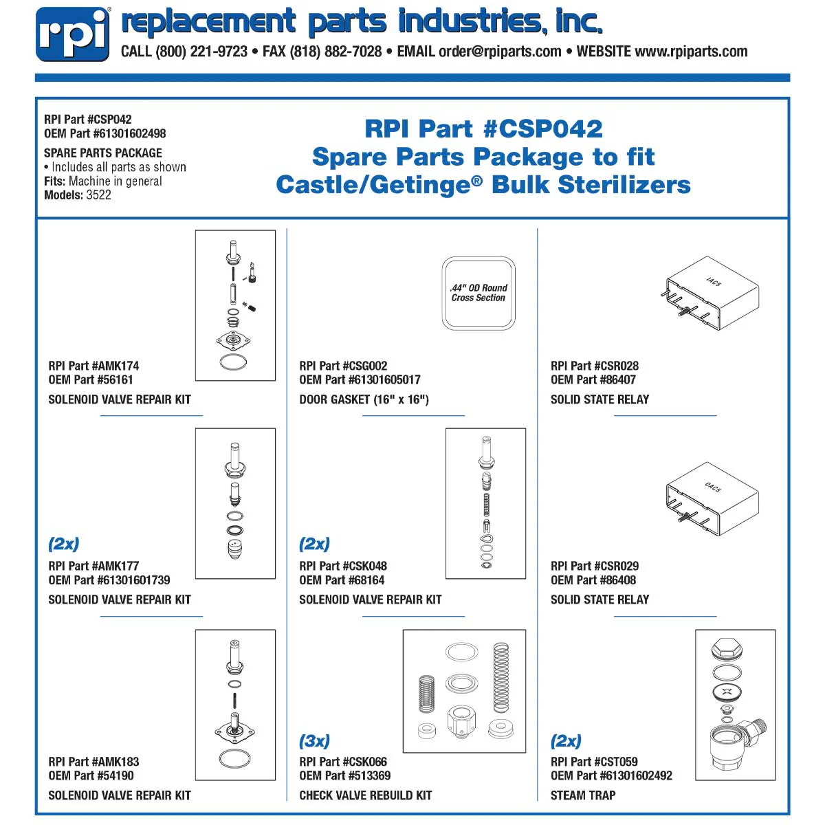 Parts, Spare Package Castle Sterilizer Part: 61301602498/CSP042